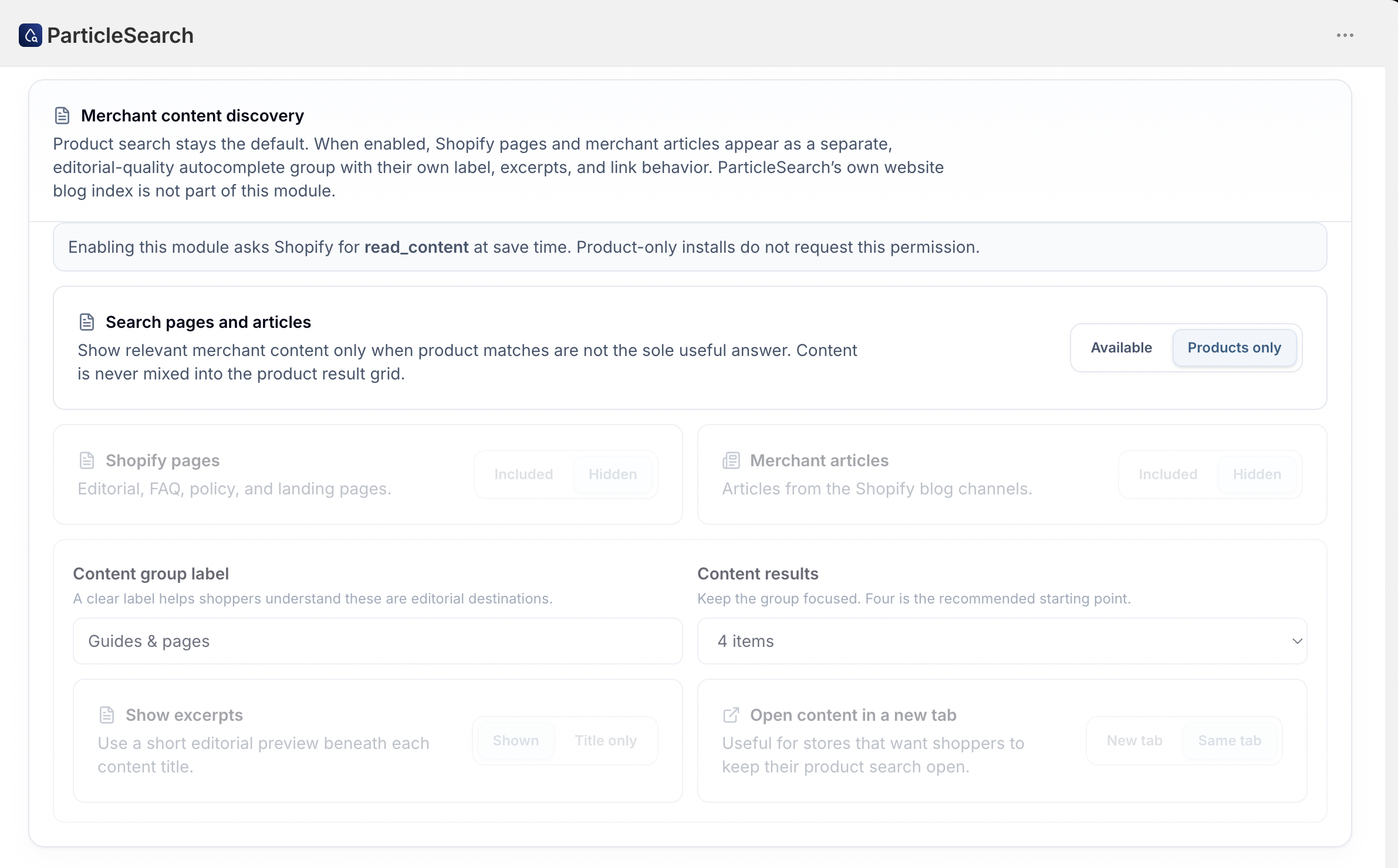 ParticleSearch merchant content discovery settings showing product search, Shopify pages, merchant articles, labels, excerpts, and result limits